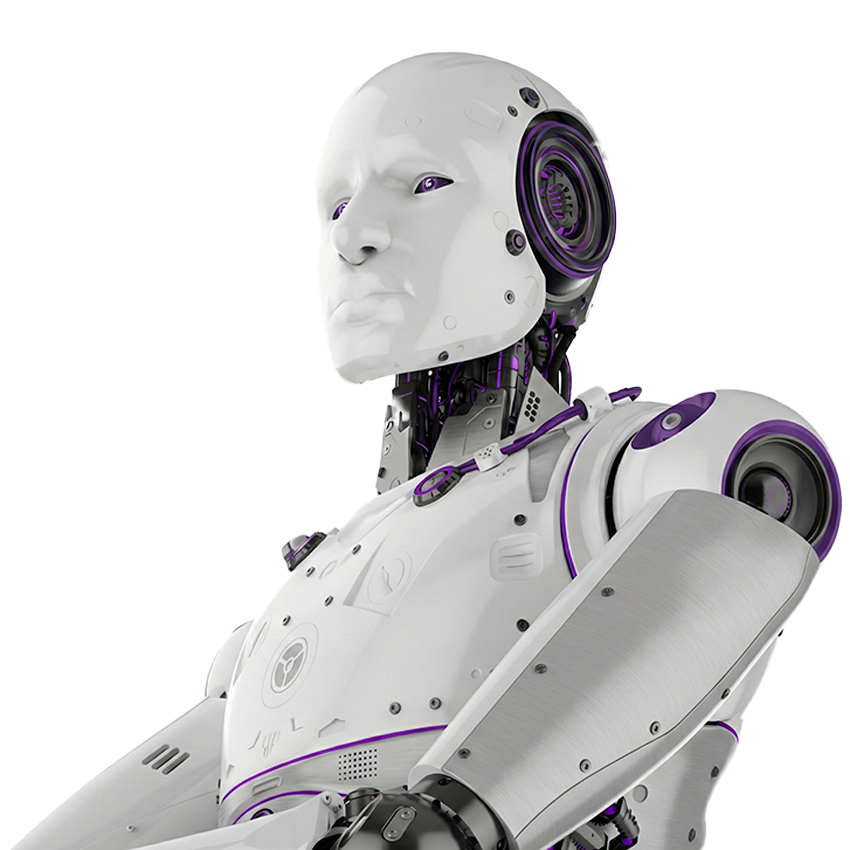 Robot futurista blanco con detalles morados que representa inteligencia artificial avanzada y automatización empresarial de AutomatiZA IA.