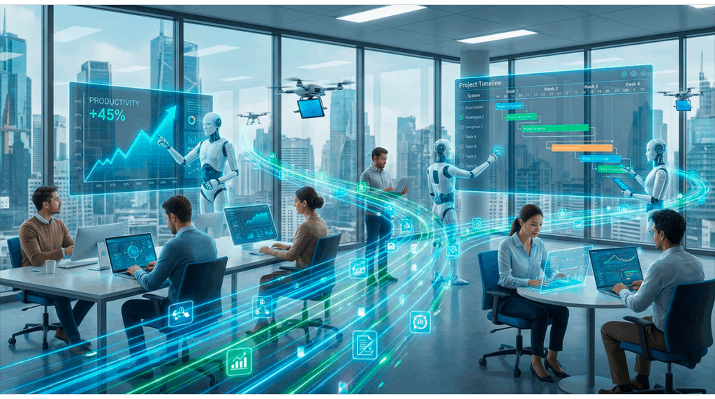 Representación de inteligencia artificial aumentando la productividad empresarial mediante automatización y tareas simultáneas.