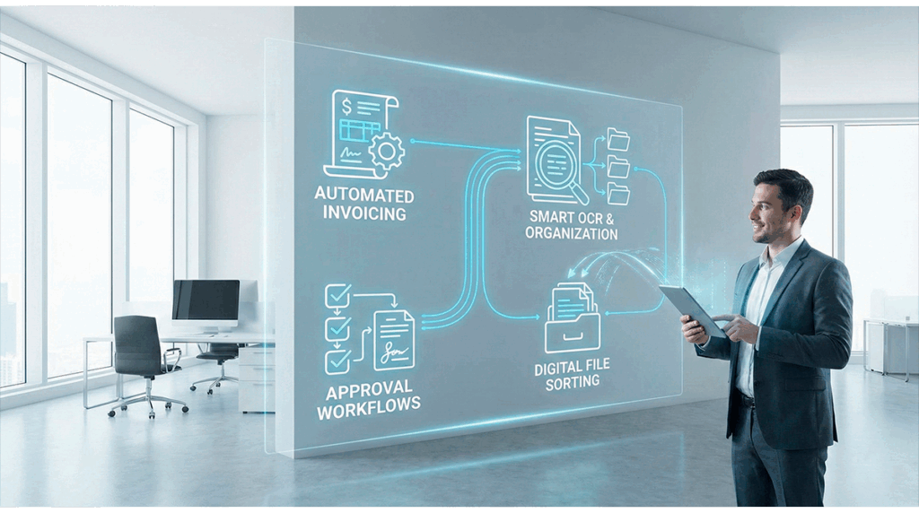 Tareas administrativas automatizadas con inteligencia artificial como facturación, clasificación de documentos y flujos internos