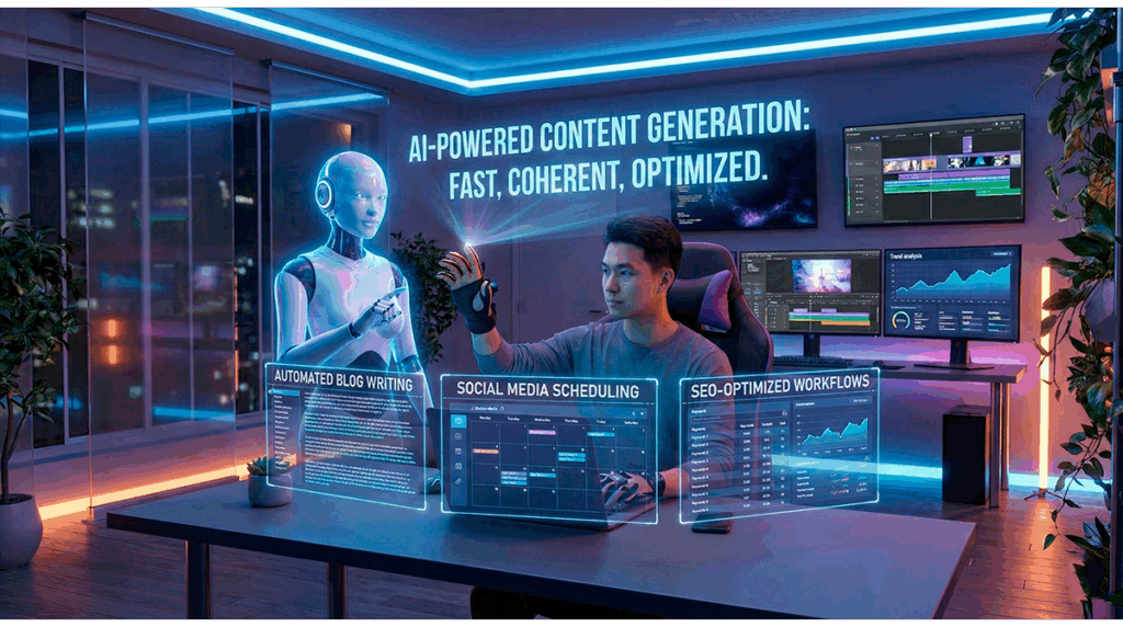 Generación automática de contenido con inteligencia artificial para blogs, redes sociales y SEO.