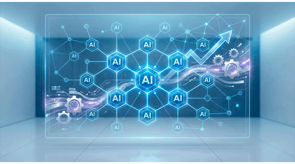 Representación visual de sistemas de inteligencia artificial escalando operaciones empresariales de forma sostenible