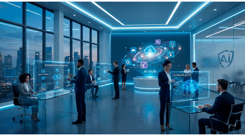 Herramientas de inteligencia artificial para empresas representadas mediante flujos automatizados y paneles digitales. herramientas de inteligencia artificial para empresas