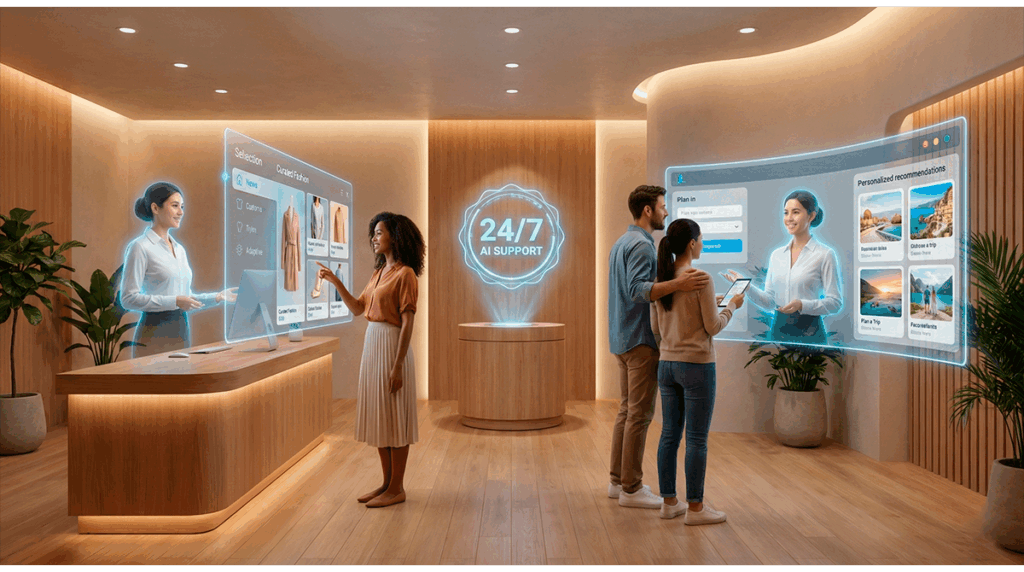 Visual moderno de IA personalizada ofreciendo experiencias adaptadas y atención inteligente al cliente.