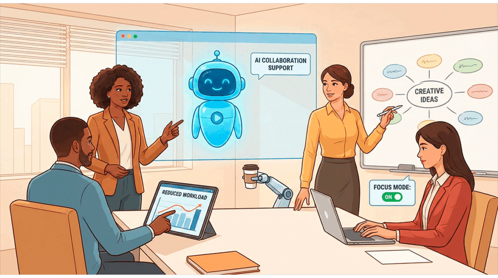 Equipo aumentando su rendimiento y creatividad con apoyo de herramientas de inteligencia artificial.