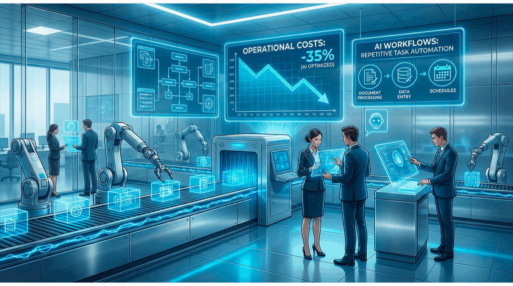 Ilustración futurista que representa cómo la inteligencia artificial reduce los costes operativos mediante la automatización de tareas.