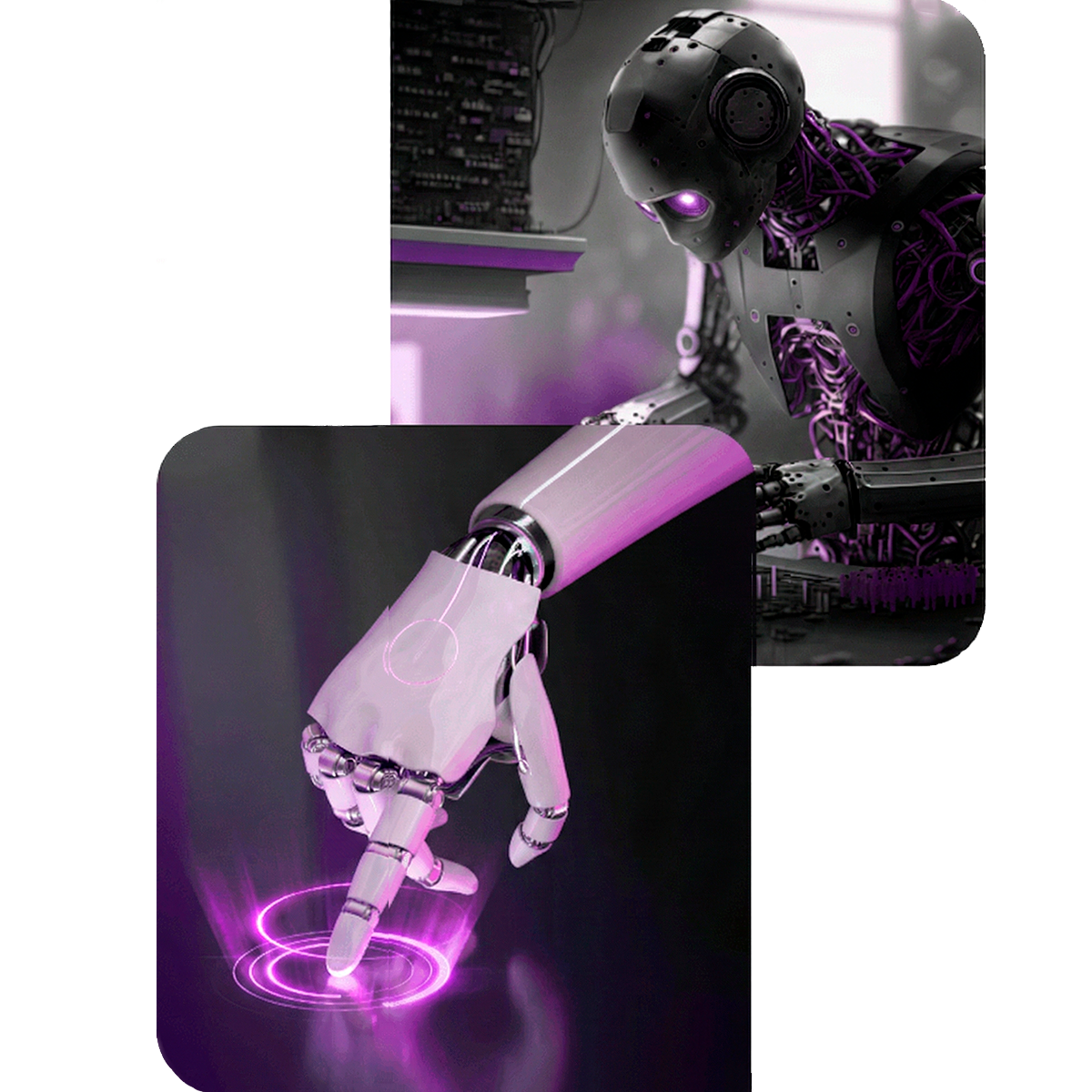 Robot inteligente y brazo robótico interactuando con una interfaz digital luminosa en tonos morados, representando automatización e inteligencia artificial avanzada.