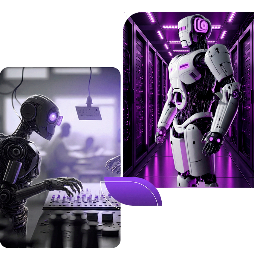 “Robots futuristas trabajando en automatización con inteligencia artificial en un entorno tecnológico con luces moradas, ilustración de Automatiza IA.”