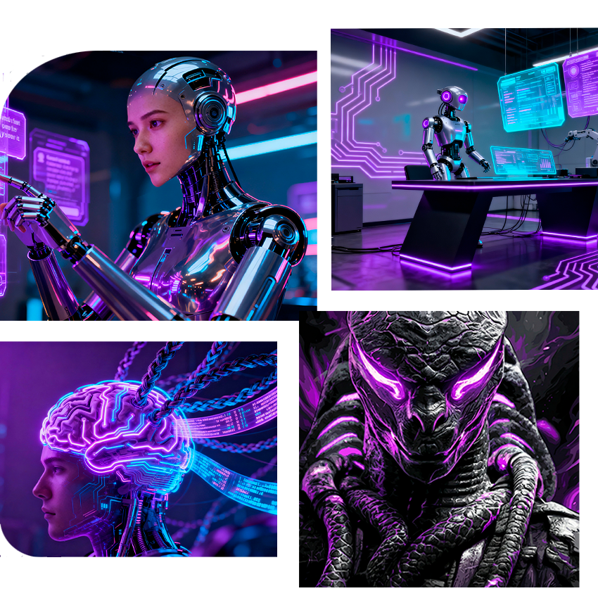 Collage futurista con robots, cerebro digital y tecnología holográfica que representa los servicios de automatización e inteligencia artificial de AutomatiZA IA.