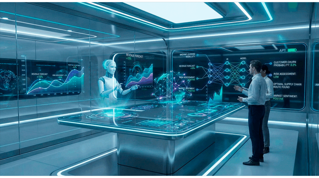 Ilustración de inteligencia artificial analizando datos y generando predicciones para mejorar la toma de decisiones.