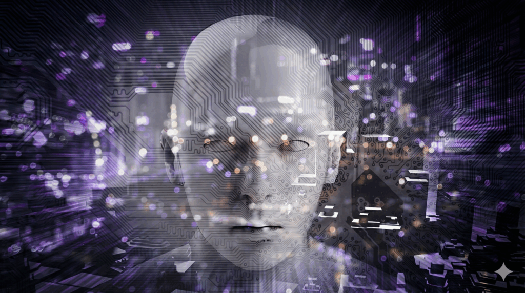 Rostro humano digital con circuitos y luces moradas representando inteligencia artificial y procesamiento del lenguaje natural