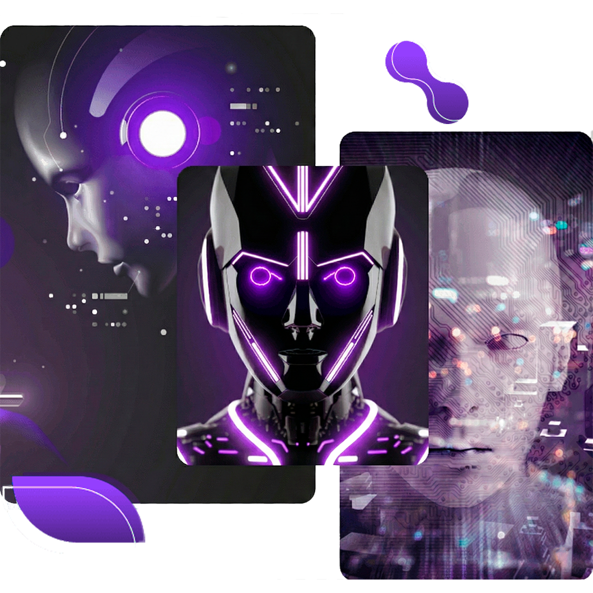 Composición futurista con androides y elementos de inteligencia artificial en tonos púrpura, representando automatización, tecnología avanzada y sistemas IA de AutomatiZA IA.