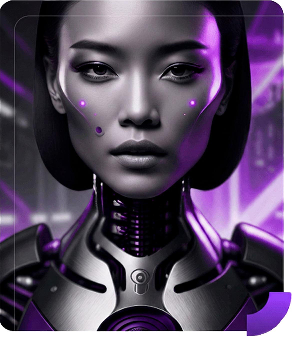 Cyborg femenina futurista con estilo tecnológico y colores minimalistas, representando los servicios de inteligencia artificial para empresas y automatización de la agencia Automatiza IA.