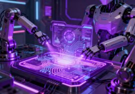 Robots manipulando paneles holográficos de circuitos digitales en un entorno futurista de automatización con IA.