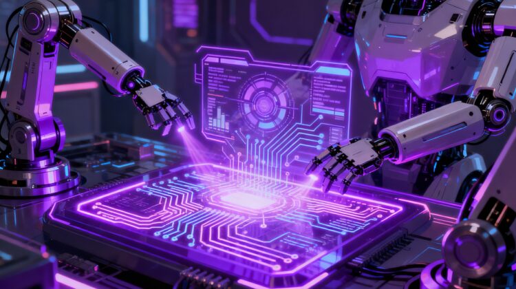 Robots manipulando paneles holográficos de circuitos digitales en un entorno futurista de automatización con IA.