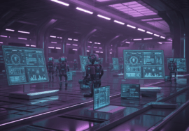 Centro futurista de control automatizado con robots operando sistemas digitales impulsados por IA.