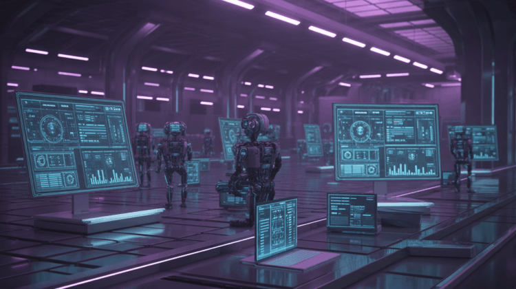 Centro futurista de control automatizado con robots operando sistemas digitales impulsados por IA.