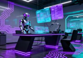 Robot inteligente operando en una oficina futurista con sistemas automatizados y paneles holográficos.