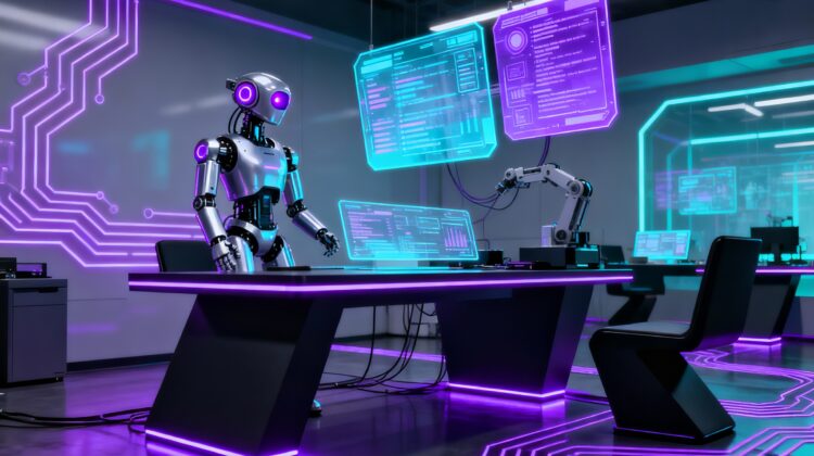 Robot inteligente operando en una oficina futurista con sistemas automatizados y paneles holográficos.