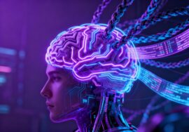 Cerebro digital futurista conectado a flujos de datos, representando inteligencia artificial avanzada y procesamiento automatizado. Inteligencia Artificial Productividad