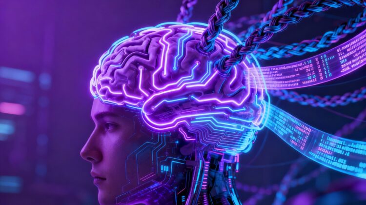 Cerebro digital futurista conectado a flujos de datos, representando inteligencia artificial avanzada y procesamiento automatizado. Inteligencia Artificial Productividad