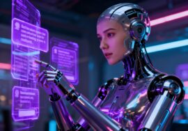 Asistente humanoide con inteligencia artificial interactuando con interfaces holográficas en un entorno futurista de automatización con inteligencia artificial