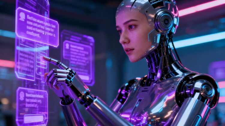 Asistente humanoide con inteligencia artificial interactuando con interfaces holográficas en un entorno futurista de automatización con inteligencia artificial