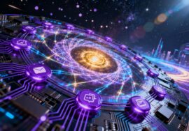 Sistema futurista de automatización empresarial con circuitos de IA en tonos morados, representando flujos inteligentes y procesos digitales interconectados.