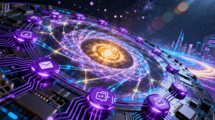 Sistema futurista de automatización empresarial con circuitos de IA en tonos morados, representando flujos inteligentes y procesos digitales interconectados.