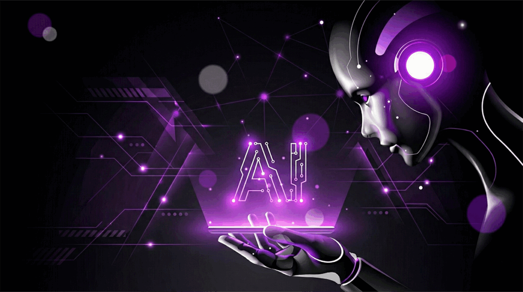 Robot futurista sosteniendo un holograma de inteligencia artificial en tonos morados.