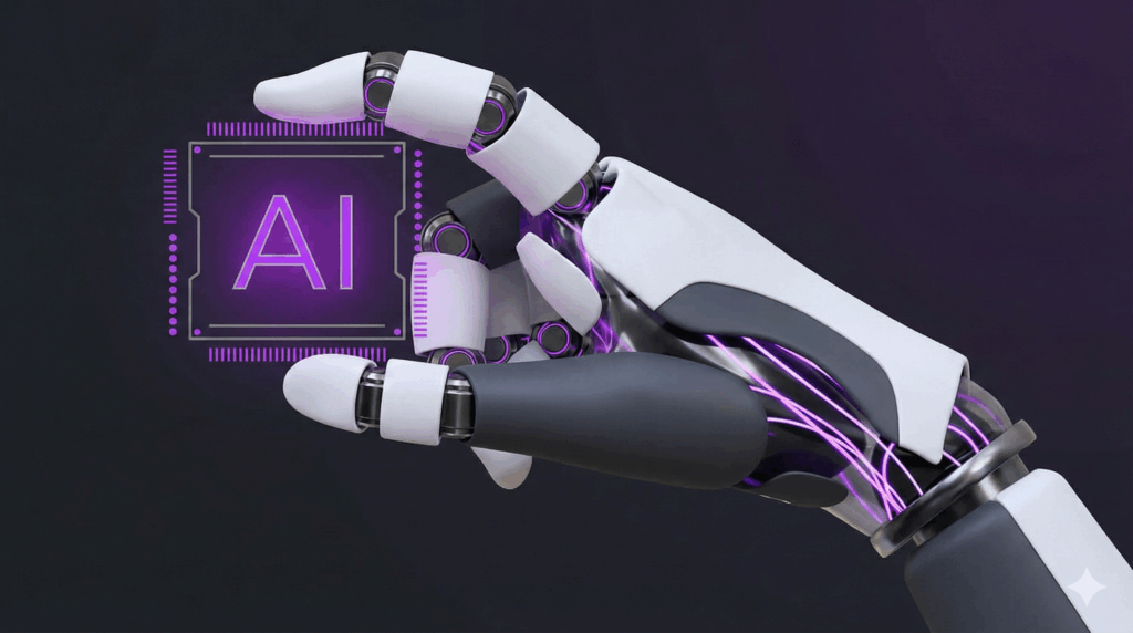 Mano robótica sosteniendo un chip de inteligencia artificial iluminado en color púrpura.