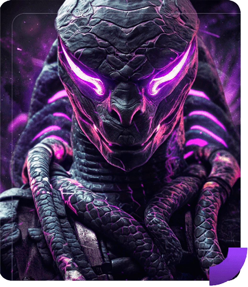 Criatura tecnológica futurista con estilo ciberpunk y luces moradas, representando sistemas avanzados Automatización de procesos con IA para empresasl.