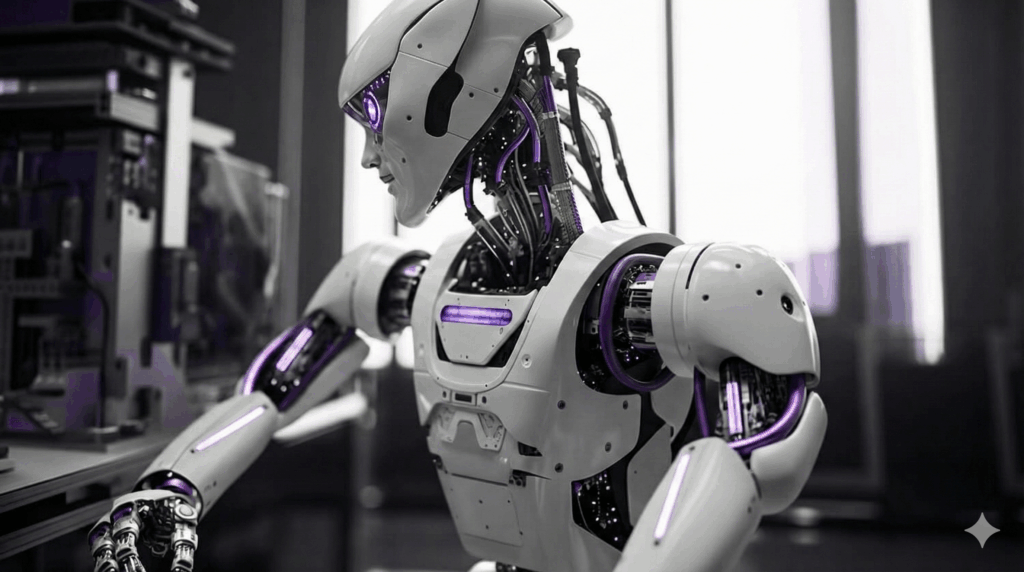 Robot avanzado trabajando con sistemas de automatización e inteligencia artificial dentro de un entorno tecnológico.