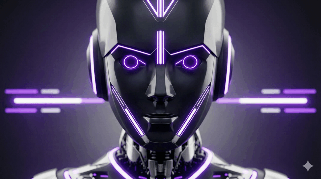Robot futurista con luces moradas que representa tecnología de inteligencia artificial avanzada.